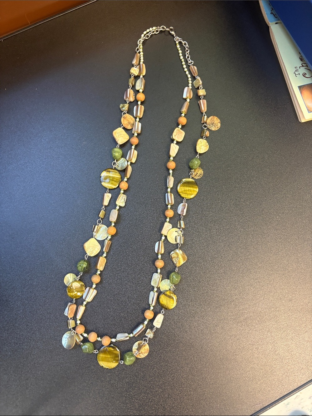 17 in Multi-Strand Green & Gold Beaded Necklace